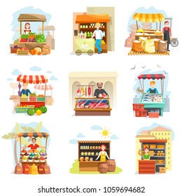 Street vendor booth and farm market food counters vector flat cartoon icons set