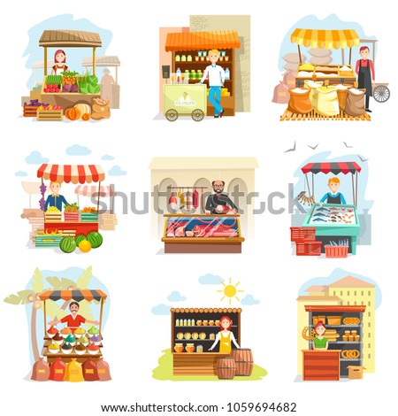 Street vendor booth and farm market food counters vector flat cartoon icons set