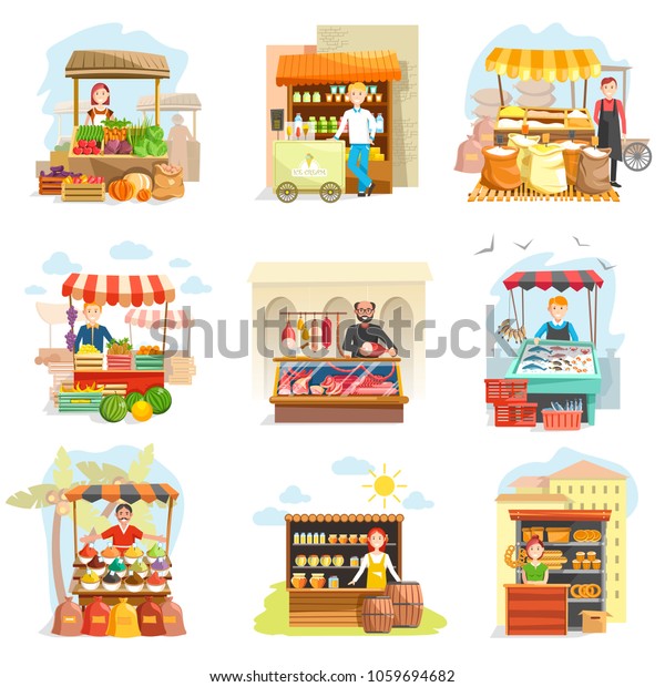 Street vendor booth and farm market food\
counters vector flat cartoon icons\
set