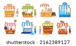 Street vendor booth. Tent trading food market, agriculture fair festival bread seller local merchant asian seafood stall, butchery shop farm kiosk, cartoon neat vector illustration