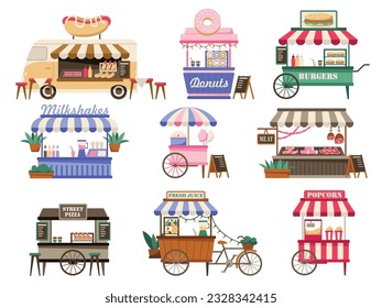 Street vendor booths. Outdoor local market stalls and fast food kiosks. Festival food court cartoon vector illustration set. Selling hot dogs, donuts, burgers, popcorn and fresh drinks