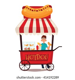 Street Vendor Course Dogs, Comic Cartoon Vector Illustration On A White Background, Mobile Store Fast Fudom, Street Hot Dog Cart