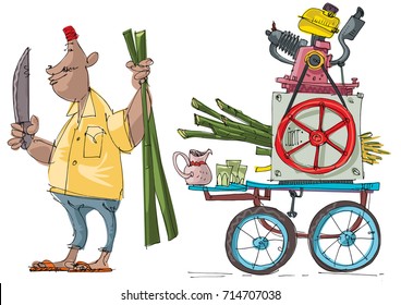 Street vendor prepares sugarcane juice with motorized press machine. Cartoon. Caricature. Vector illustration.