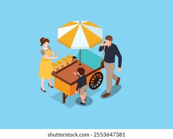 Street Vendor Selling Ice Cream Cones Under a Yellow Umbrella 3d isometric vector illustration