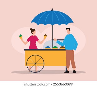 Street Vendor Selling Ice Cream to Customer Under a Blue Umbrella 2d flat vector illustrations