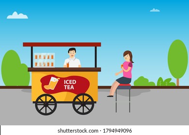 Street vendor vector concept: woman drinking iced tea from its vendor happily
