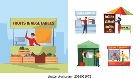 Street vendors. Marketplace people selling products on street urban vendors fast shopping garish vector cartoon person