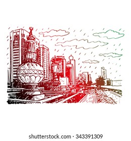 Street view in Abu Dhabi, United Arab Emirates. Vector hand drawn sketch