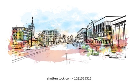 Street view with buildings in Detroit City, Michigan, USA. Watercolor splash with Hand drawn sketch illustration in vector.