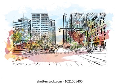 Street View With Buildings In Detroit City, Michigan, USA. Watercolor Splash With Hand Drawn Sketch Illustration In Vector.