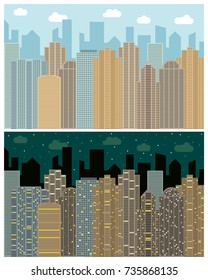 Street view with cityscape, skyscrapers and modern buildings in the day and night. Vector urban landscape illustration. 
