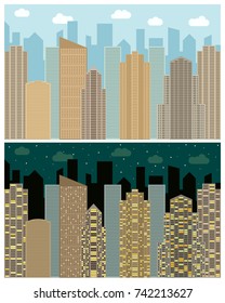 Street view with cityscape, skyscrapers and modern buildings in the day and night. Vector urban landscape illustration. 
