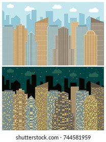 Street view with cityscape, skyscrapers and modern buildings in the day and night. Vector urban landscape illustration. 
