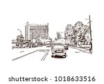 Street view with downtown area at San Jose City in California, USA. Hand drawn sketch illustration in vector.