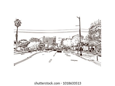 Street view with downtown area at San Jose City in California, USA. Hand drawn sketch illustration in vector.
