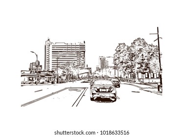 Street view with downtown area at San Jose City in California, USA. Hand drawn sketch illustration in vector.
