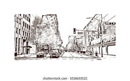 Street view with downtown area at San Jose City in California, USA. Hand drawn sketch illustration in vector.