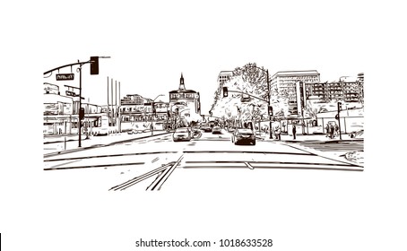 Street view with downtown area at San Jose City in California, USA. Hand drawn sketch illustration in vector.