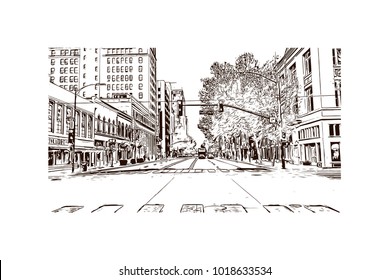 Street view with downtown area at San Jose City in California, USA. Hand drawn sketch illustration in vector.