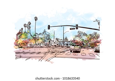 Street view with downtown area at San Jose City in California, USA. Watercolor splash with Hand drawn sketch illustration in vector.