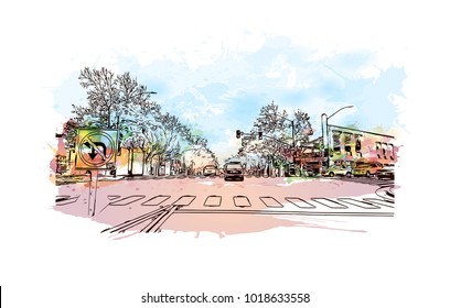 Street view with downtown area at San Jose City in California, USA. Watercolor splash with Hand drawn sketch illustration in vector.