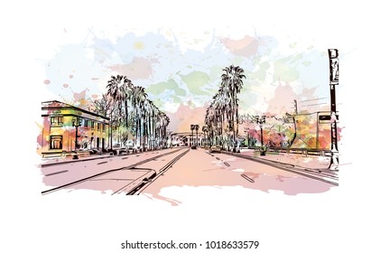 Street view with downtown area at San Jose City in California, USA. Watercolor splash with Hand drawn sketch illustration in vector.