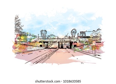 Street view with downtown area at San Jose City in California, USA. Watercolor splash with Hand drawn sketch illustration in vector.