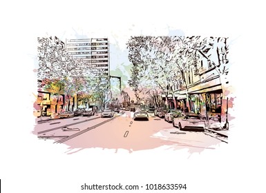 Street view with downtown area at San Jose City in California, USA. Watercolor splash with Hand drawn sketch illustration in vector.