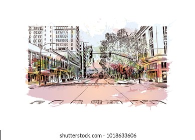 Street view with downtown area at San Jose City in California, USA. Watercolor splash with Hand drawn sketch illustration in vector.