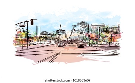 Street view with downtown area at San Jose City in California, USA. Watercolor splash with Hand drawn sketch illustration in vector.