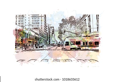 Street view with downtown area at San Jose City in California, USA. Watercolor splash with Hand drawn sketch illustration in vector.