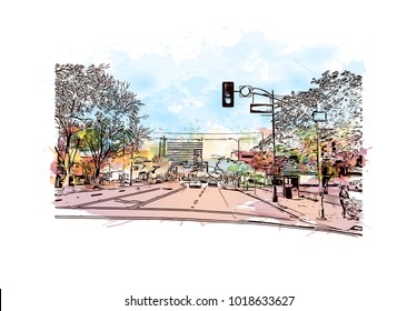 Street view with downtown area at San Jose City in California, USA. Watercolor splash with Hand drawn sketch illustration in vector.