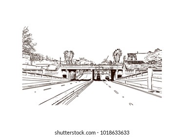 Street view with downtown area at San Jose City in California, USA. Hand drawn sketch illustration in vector.