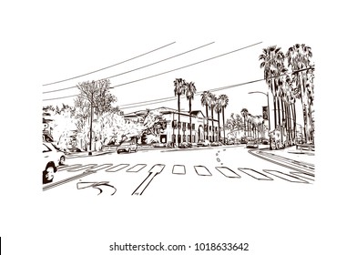 Street view with downtown area at San Jose City in California, USA. Hand drawn sketch illustration in vector.