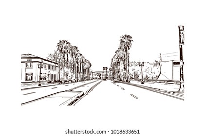 Street view with downtown area at San Jose City in California, USA. Hand drawn sketch illustration in vector.