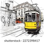 Street view with famous old tram in Lisbon city, Portugal - vector illustration (Ideal for printing on fabric or paper, poster or wallpaper, house decoration)