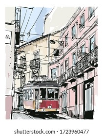 Street view with famous old tram in Lisbon city, Portugal - vector illustration (Ideal for printing on fabric or paper, poster or wallpaper, house decoration)