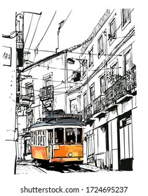 Street view with famous old tram in Lisbon city, Portugal - vector illustration (Ideal for printing on fabric or paper, poster or wallpaper, house decoration)