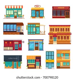 Street View Front Snack Bar Cafe Coffee House Bistro Restaurant Flat Icons Collection Isolated Vector Illustration