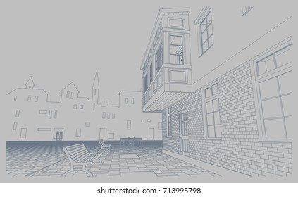 Street view of the old city, the old houses and bicycle parking. Blueprint, 3d, perspective, realistic. Vector.