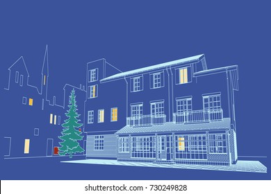 Street view of the old city, the old houses and Christmas tree. Blueprint, 3d, perspective, realistic. Congratulation with Christmas and New Year. Vector.