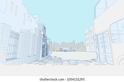 Street view from the old European city with a view of the old brewery and houses. Vector
