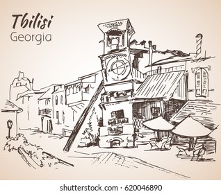 Street view of old Tbilisi, Georgia. Isolated on white background
