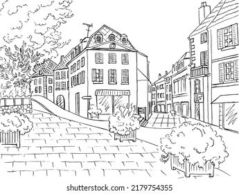 Street view of the old town in France, Europe, vector drawing.  Houses in old town. Artistic illustration. Hand drawn travel sketch. Line art design for adult or kids coloring page. Postcards, cards.