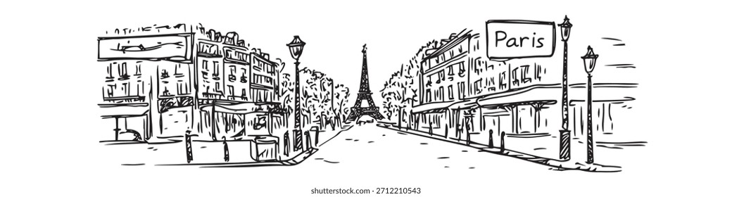 Vista de la calle de París con la Torre Eiffel y edificios históricos