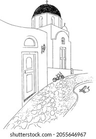 Street view of Santorini, Greece, black and white vector, hand-drawn sketch, domed church, cross, doors, deck chairs, street light and bicycle, convey a sense of relaxation, holiness and tranquility.