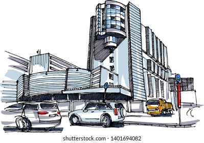 Street view sketch. Line art