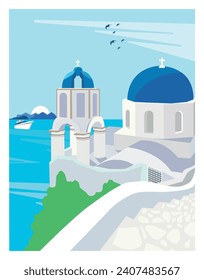 Straße Blick auf die Architektur des traditionellen Santorini Griechenland, weiße Häuser, Bögen, Treppen. Flacher Stil, minimalistisch. Retro-Stil. Marokko, Amalfi Küste Italien. Europäische Vektorgrafik-Drucke, Poster