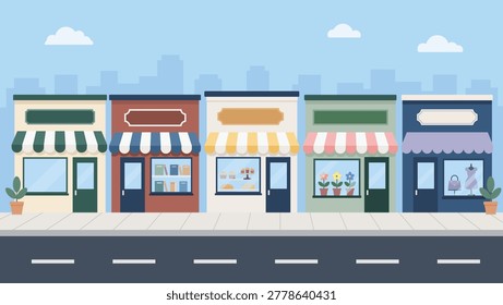 Street view of various small shop storefronts including bakery, bookstore, and flower shop. Flat vector illustration of a city street with stores and sidewalk.