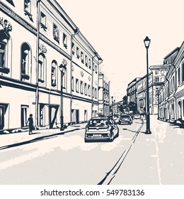 Street views of the city with historical buildings.
Urban landscape. Monochrome vector illustration.